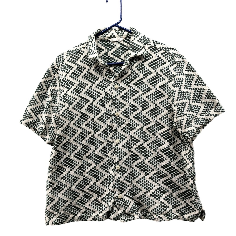 Zara Textured Knit Camp Collar Shirt Mens L Green White Geometric Resort Shirt